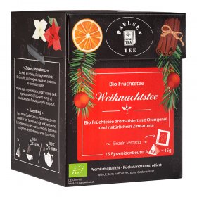 Bio Früchtetee Weihnachtstee, -Set- 12 Faltschachteln mit je 15 Pyramidenbeutel einzeln kuvertiert à 3g